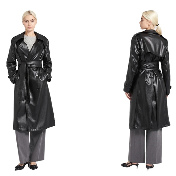 Oversized Vegan Leather Trench Coat Black Boa. Because of Alice - Picture 11 of 11